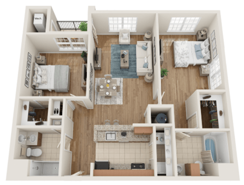 Floor plan for 2 beds, 2 baths, 1114 sqft